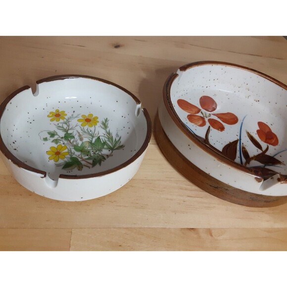 Vtg MCM Otagiri Brown Speckled Stoneware Ashtray Hand Painted Floral Japan Set - Picture 4 of 7